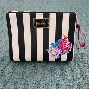BETSEY JOHNSON Black & White Stripe w/ Flowers Clutch, Wristlet, Cosmetic Bag